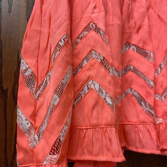 TEA & cup boho coral and lace inset ruffled scoop neck sleeveless mini dress - Picture 2 of 6